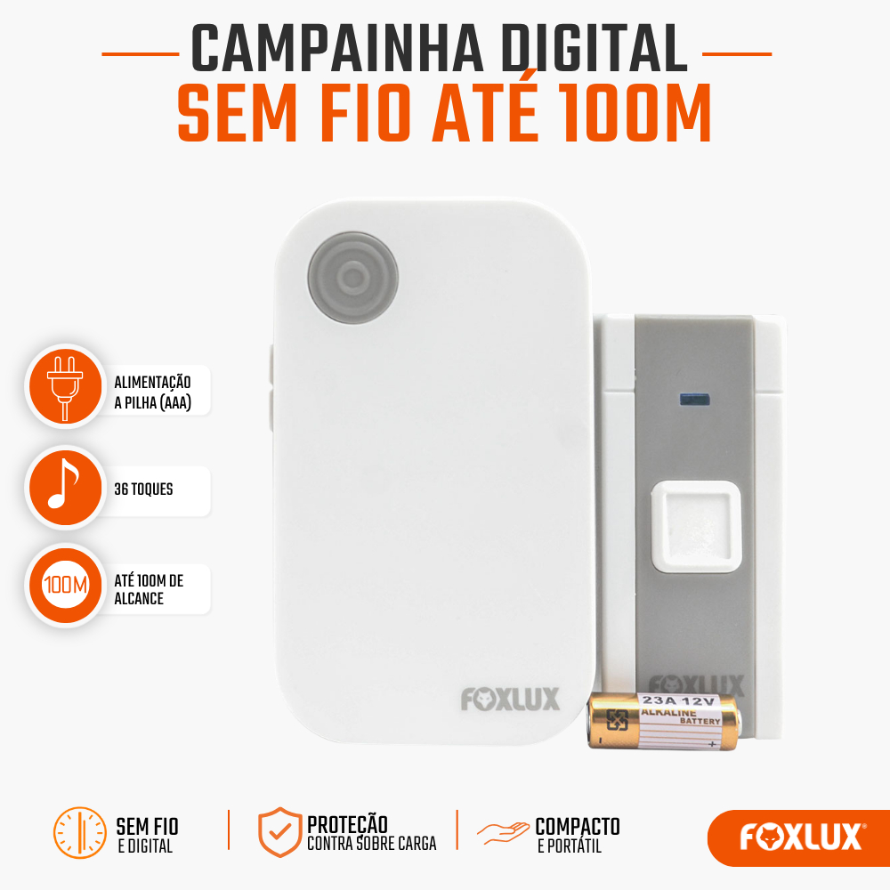 Campainha Sem Fio Foxlux Toques Pilha Alcance 100m