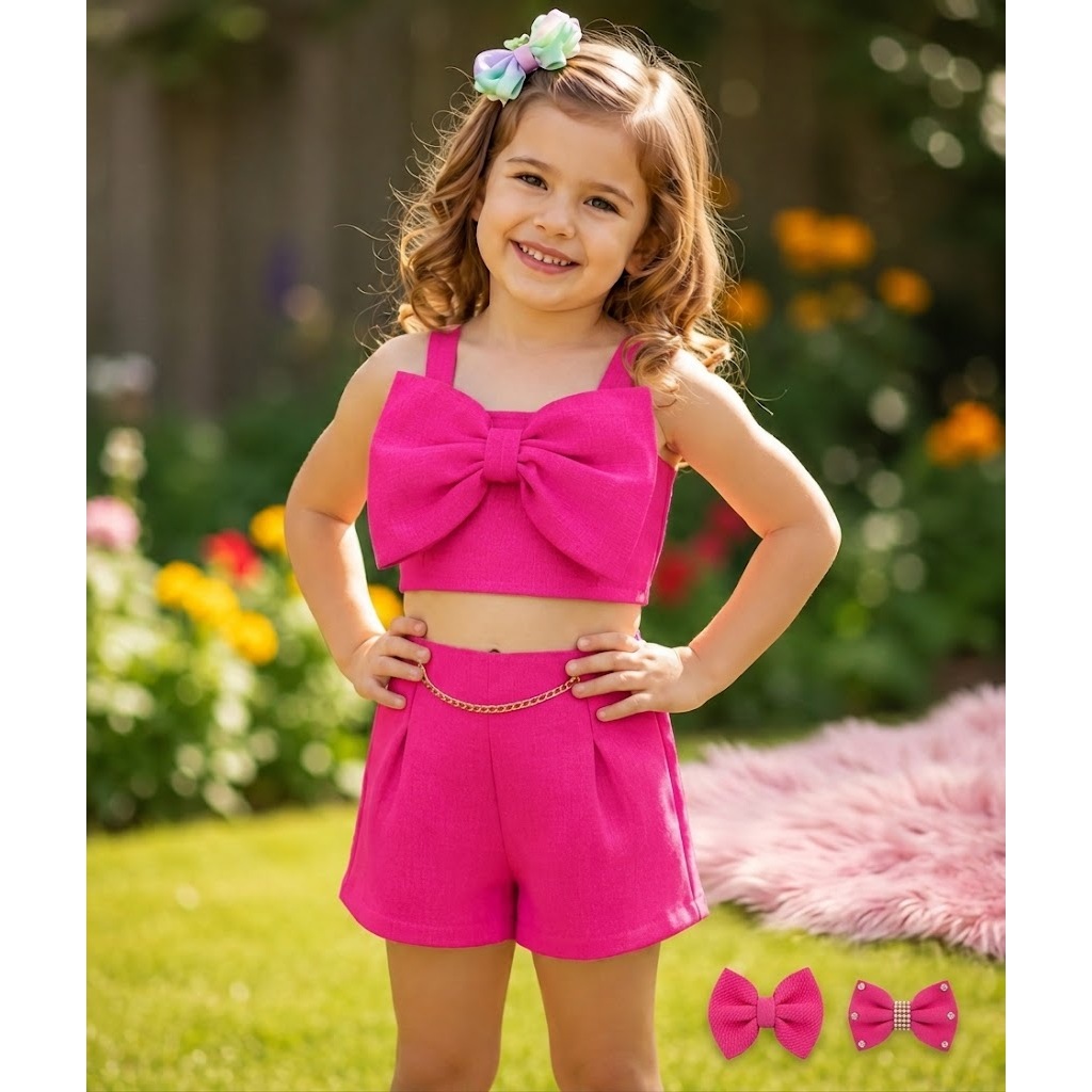 Conjunto feminino infantil Ayla moda blogueirinha short e blusa Verão do tamanho 2 ao 10