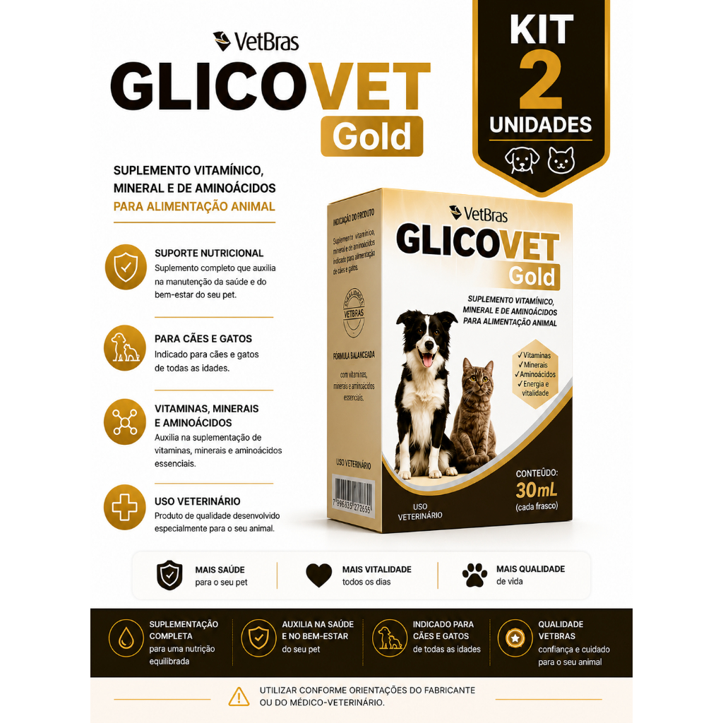2 Unidades Glicovet Gold Suplemento Vitamínico 30ml Vetbrás