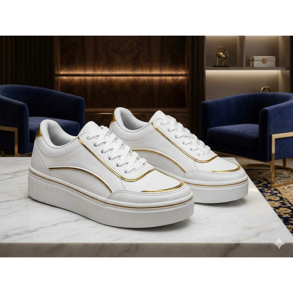 Tênis Branco Feminino Casual Plataforma Sapato Moda Blogueira Confortável Detalhe Dourado Lumi