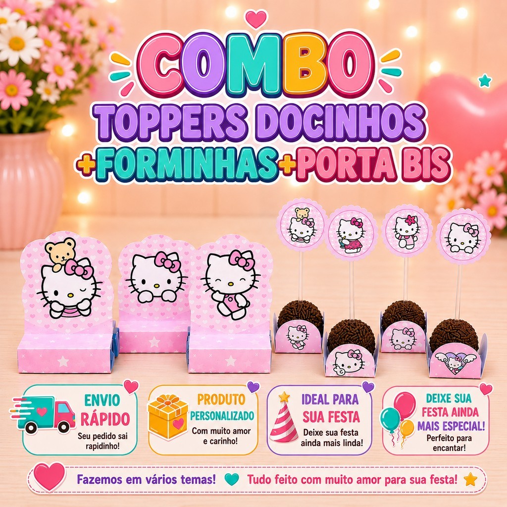 COMBO Topper Docinhos + Forminhas + Porta Bis Lembrancinhas - Personalizados - Festa Aniversário - Infantil VÁRIOS TEMAS