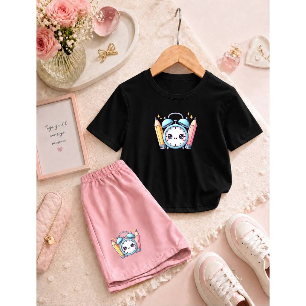 Conjunto Infantil Feminino Moderno Camiseta Básica e Short Moletom para Brincar e Passear Estampa Despertador Lapis