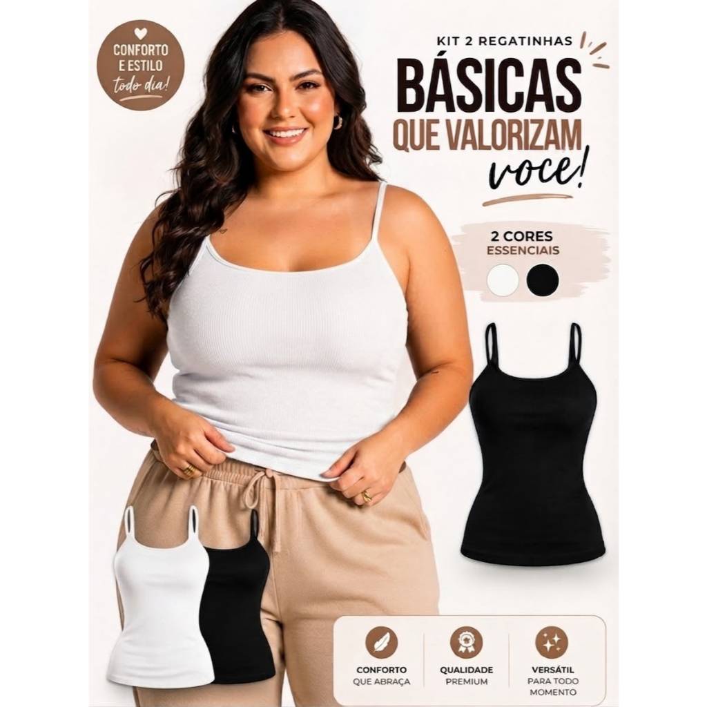 Kit 2 Regatas Plus Size Feminina Alcinha Fina Canelada Blusinha Básica Confortável Verão