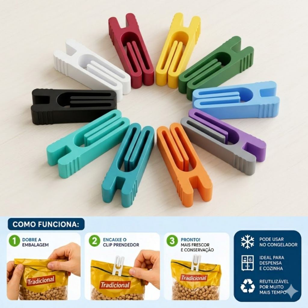 Kit com 10 ou 20 Prendedor Clips Fecha Pacotes Cozinha Presilha Selador Embalagem de Alimentos Eficiente