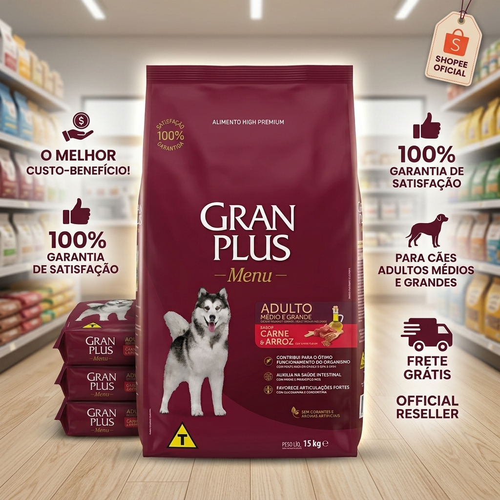 Ração Gran Plus Menu Cão Adulto Médio Grande Carne Arroz 15kg envio no mesmo dia