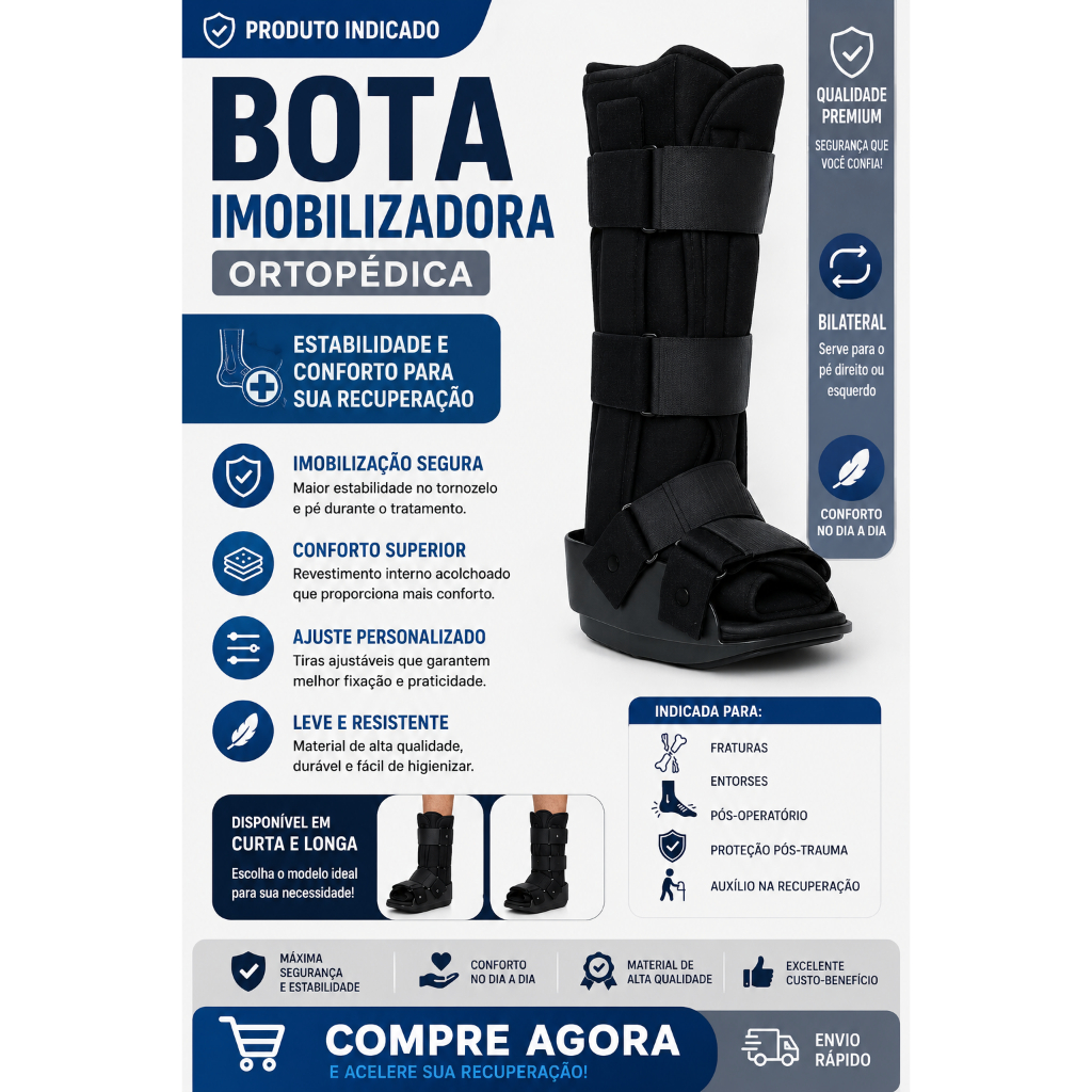 Bota Imobilizadora Bilateral Ortopédica Curta Ou Longa com velcro (PRETA) Super leve ANVISA