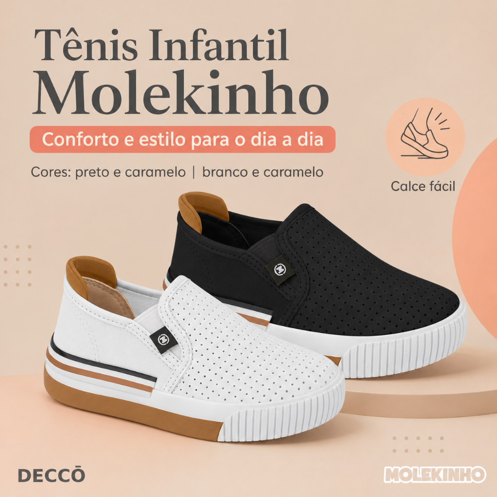 Tênis Infantil Molekinho Bebe Slip On Casual Confortável Leve Calce Fácil