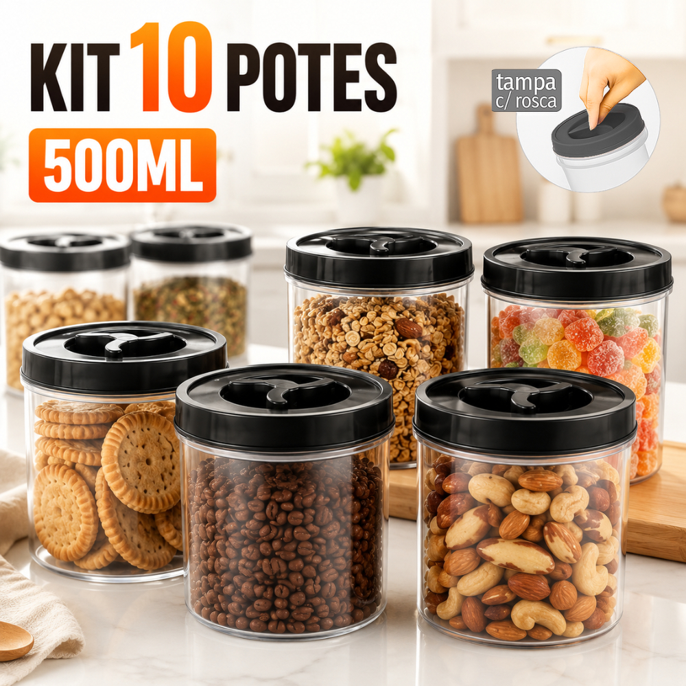Jogo 10 Potes Redondo 500ml Tampa Preta com Rosca BPA FREE REFORÇADO Pote Mantimentos Tempero Potinho