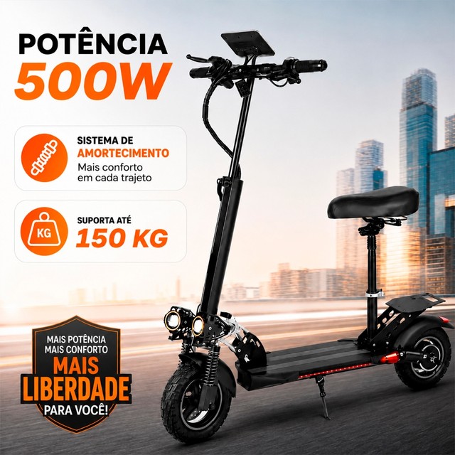 Patinete Elétrico Scooter Com Banco 500w 50km/h Longa Autonomia Com Luzes LED 03 Velocidades