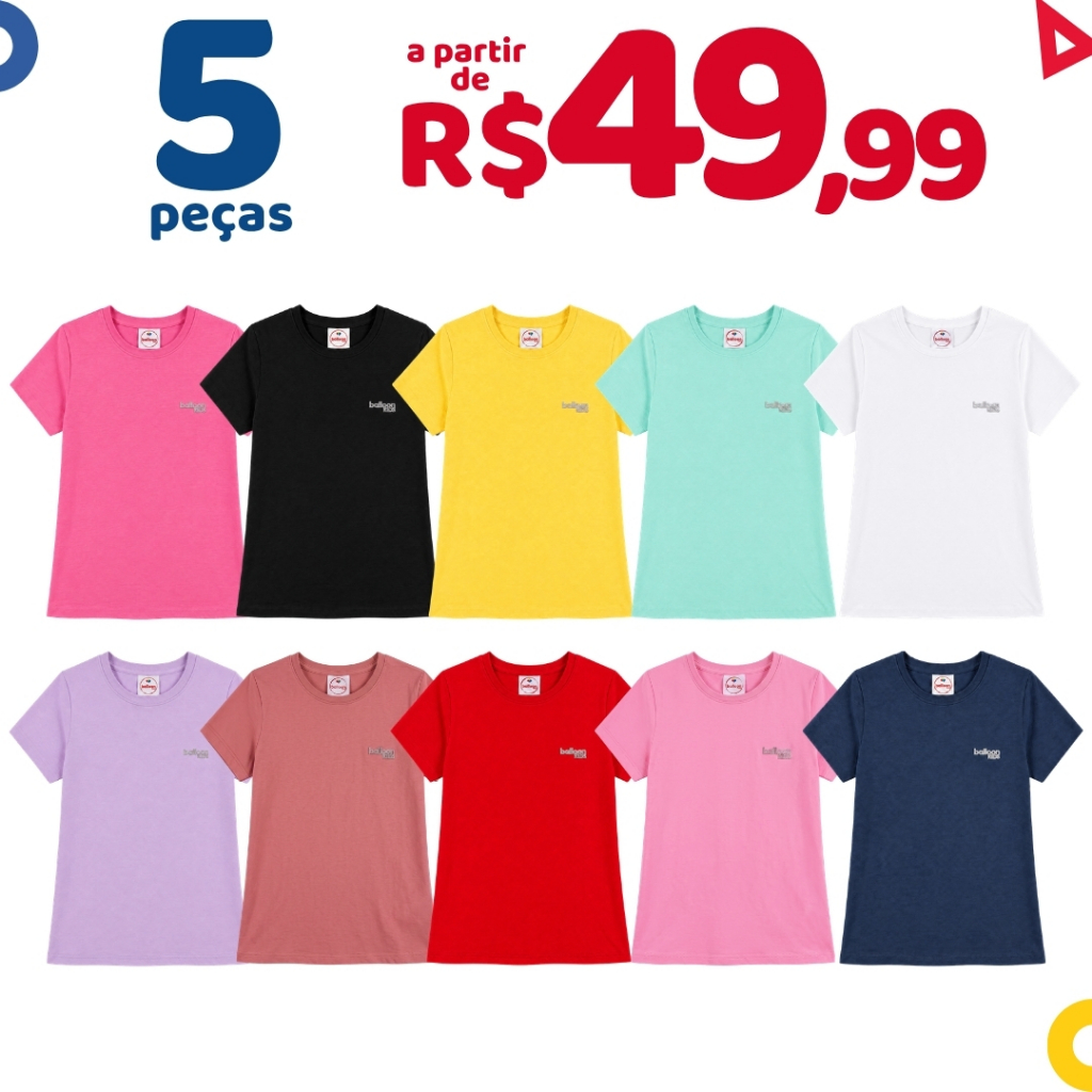 Kit 5 Camisetas Básicas Menina Infantil Algodão Manga Curta Peças Lisas Sortidas 1 ao 14