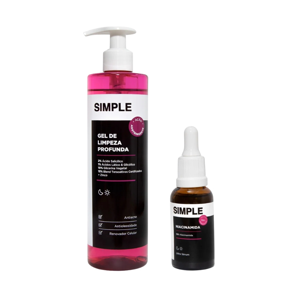 Kit Rotina Pele Oleosa - Gel Limpeza Profunda + Sérum Solução Niacinamida Simple Organic