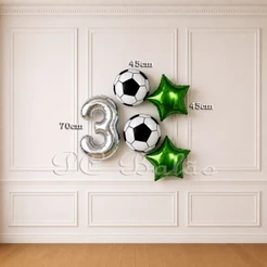 Kit 5 Balão Metalizado 2 Bola de Futebol 45cm( BRANCO E PRETO ) 2 Estrela VERDE 45cm + N° 70cm PRATA