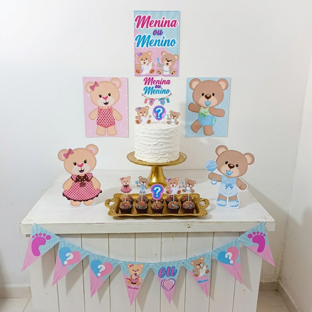 Kit Festa Chá revelação Urso rosa e azul  Personalizado Só Um Bolinho Festa em Casa Aniversário Infantil  Mesversário