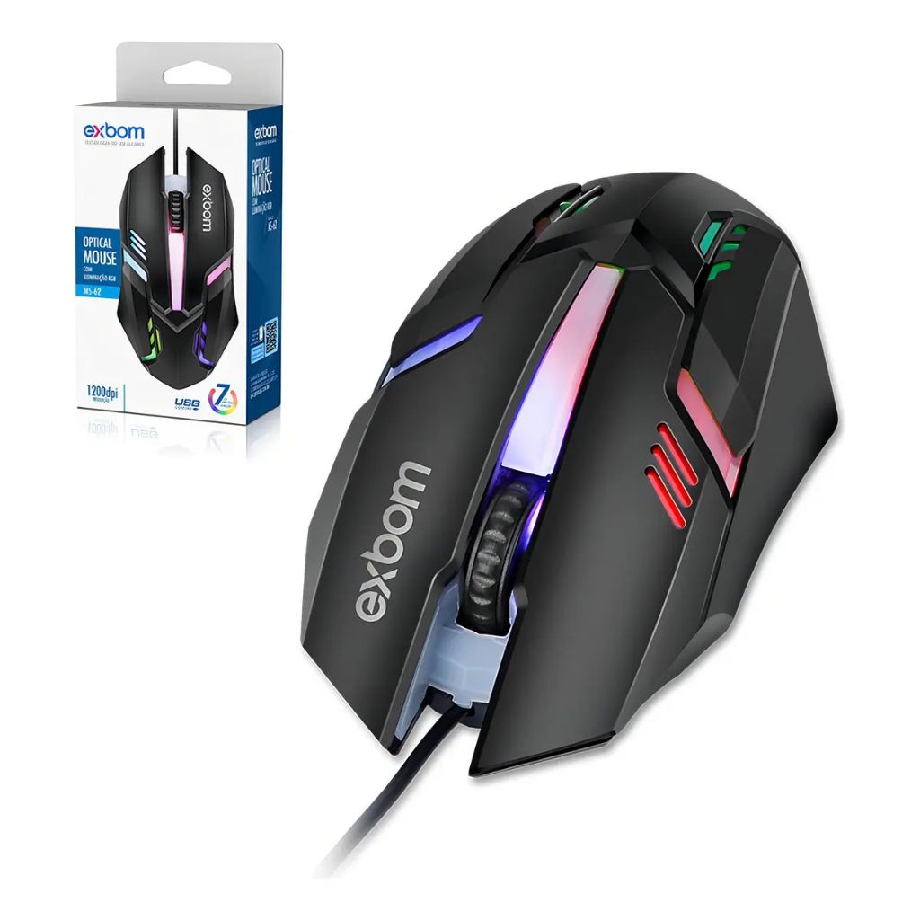 Mouse Óptico Gamer USB com Fio LED RGB 7 Cores 1200dpi 4 Botões para Pc Notebook