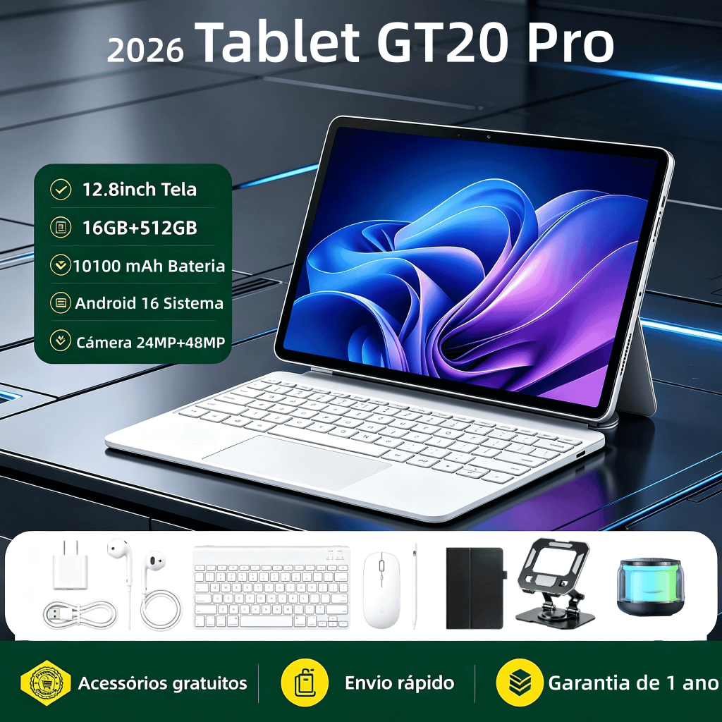 【Teclado e mouse grátis】 Tablet GT20 Pro 12,8 polegadas, 16 GB + 512 GB, bateria de 10.100 mAh, câmera dupla, 5G e Wi-Fi