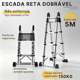 Escada Telescópica Retrátil Dobrável 5M 150KG Aço Laminado Frio 0.93M Antiderrapante Travas Segurança Anti-ferrugem