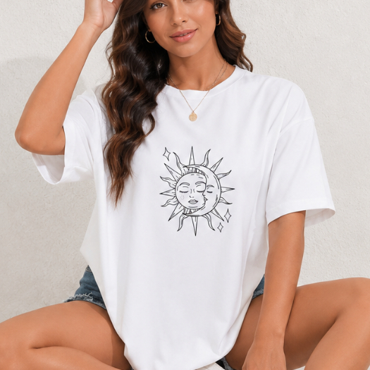 Camiseta Sol e Lua Feminino Blusão Estampado Manga Curta Streetwear Casual Confortável