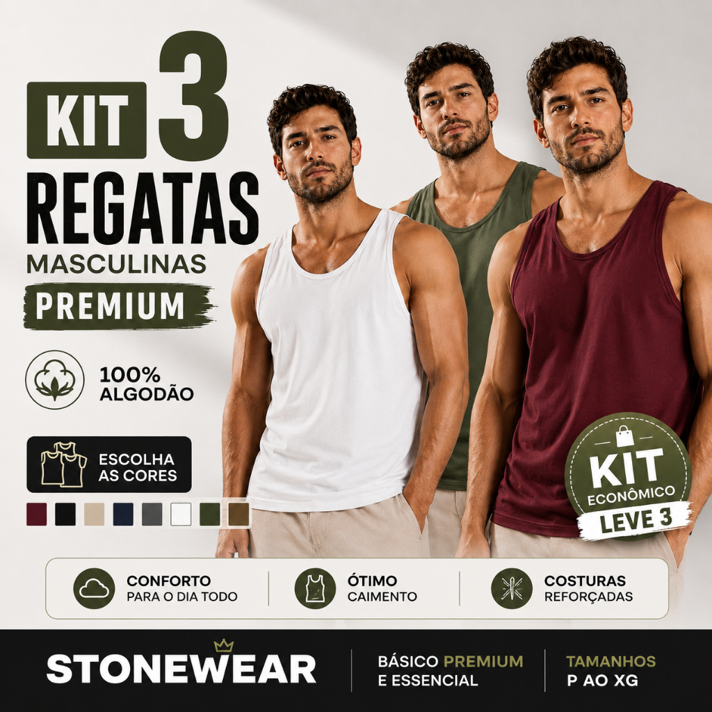 Kit 3 Regata Masculina Premium Stonewear