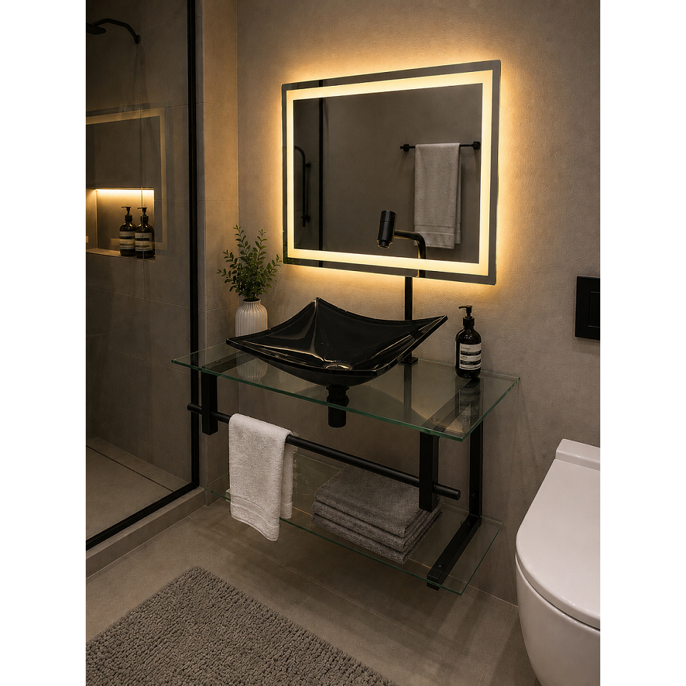 Gabinete de Vidro Banheiro com Espelho LED Bivolt 110/220V Jateado Cuba Pia Lavabo 60x40 50x40 50x40