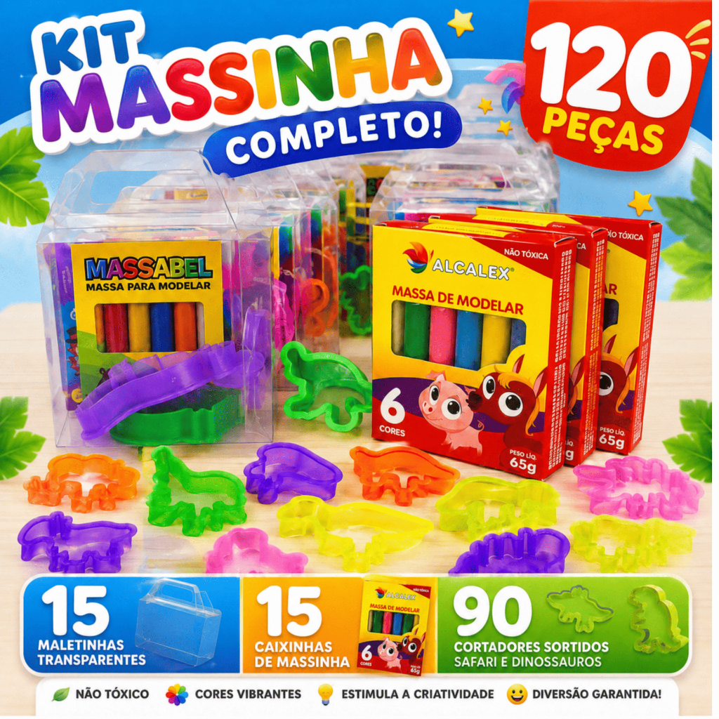 Kit 15 Maleta Maletinha Transparente + 15 Massinha de Modelar + 90 Cortador Modelador Lembranchinha
