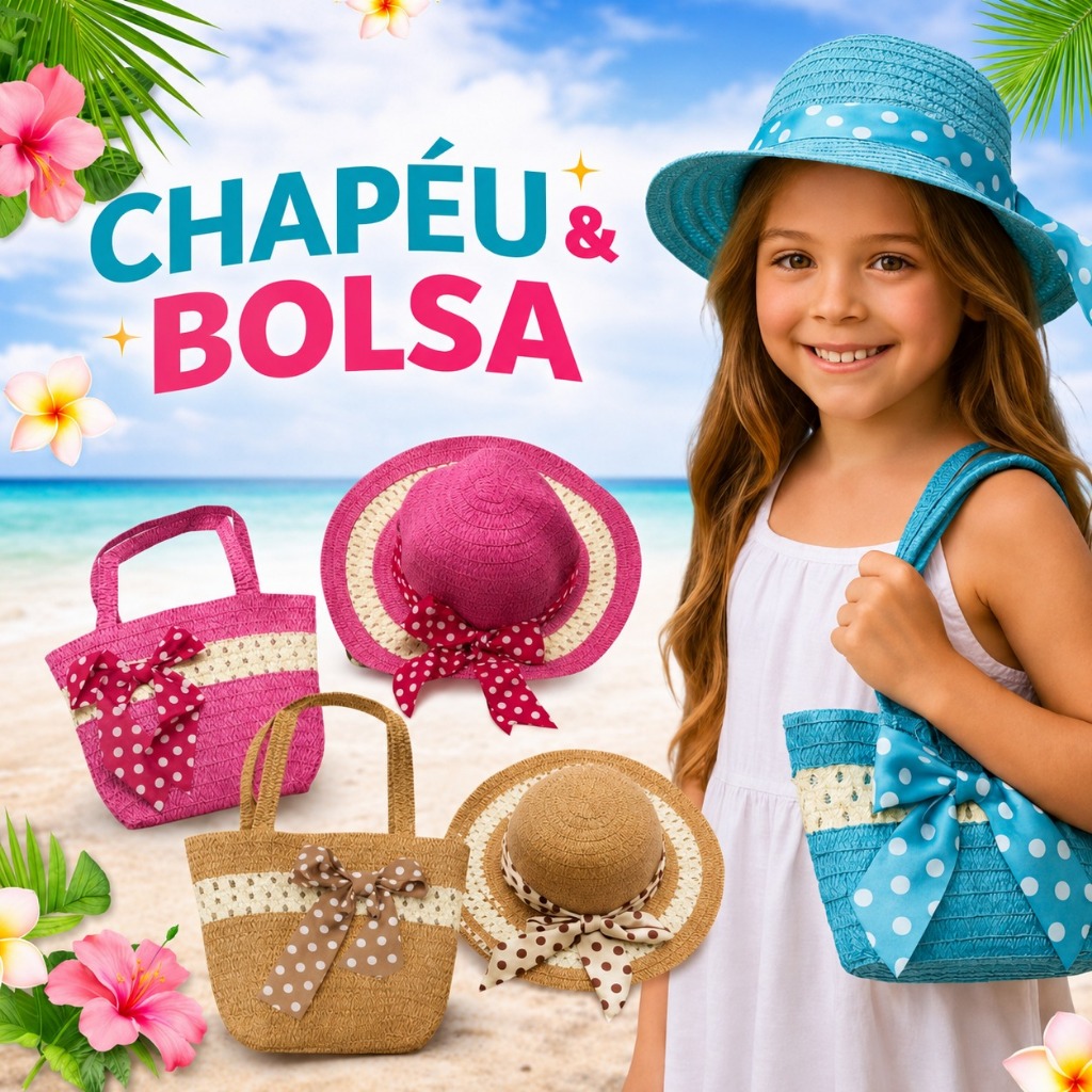 Chapéu + Bolsinha Kit Moda Praia Infantil Piscina Passeio