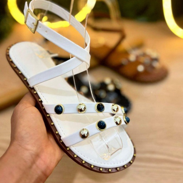 Sandália Feminina Rasteira Luxo Pedrarias Azul Tiras Confortável Elegante