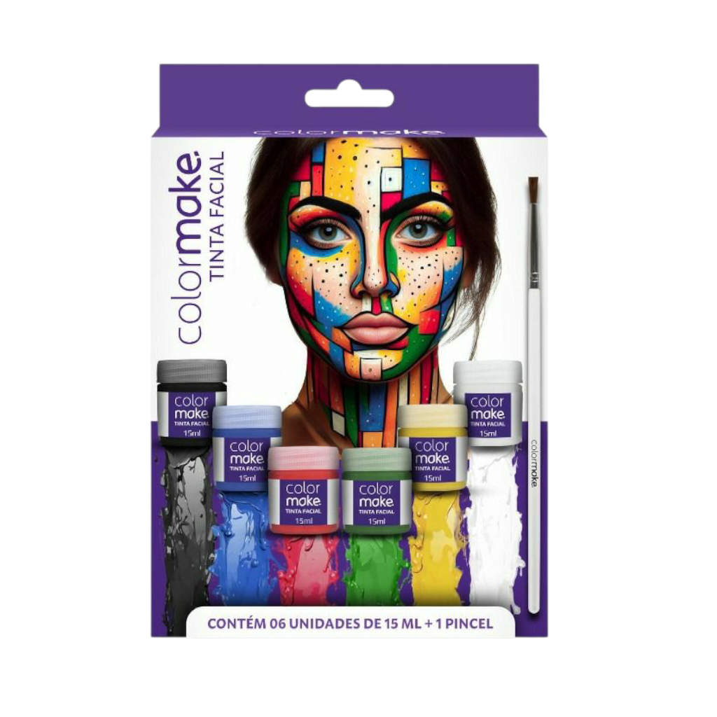 Kit Tinta Facial Colormake 6 Cores 15ml + Pincel  Maquiagem Artística, Festas, Eventos, Carnaval