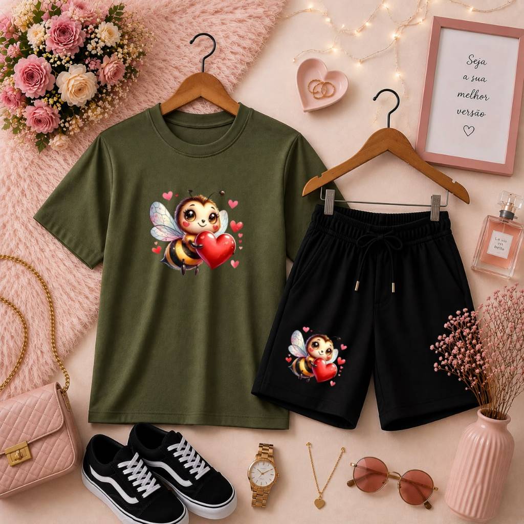 Conjunto Infantil Feminino Camiseta Básica + Short Moletom Look Fofo Moderno e Confortável Estampa de Abelhinha