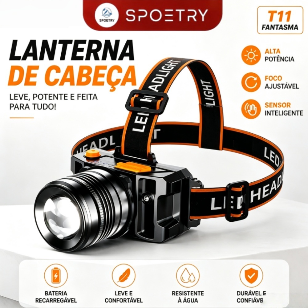 Lanterna de Cabeça LED Profissional Recarregável USB com Sensor Inteligente e Display de Bateria à Prova D’Água