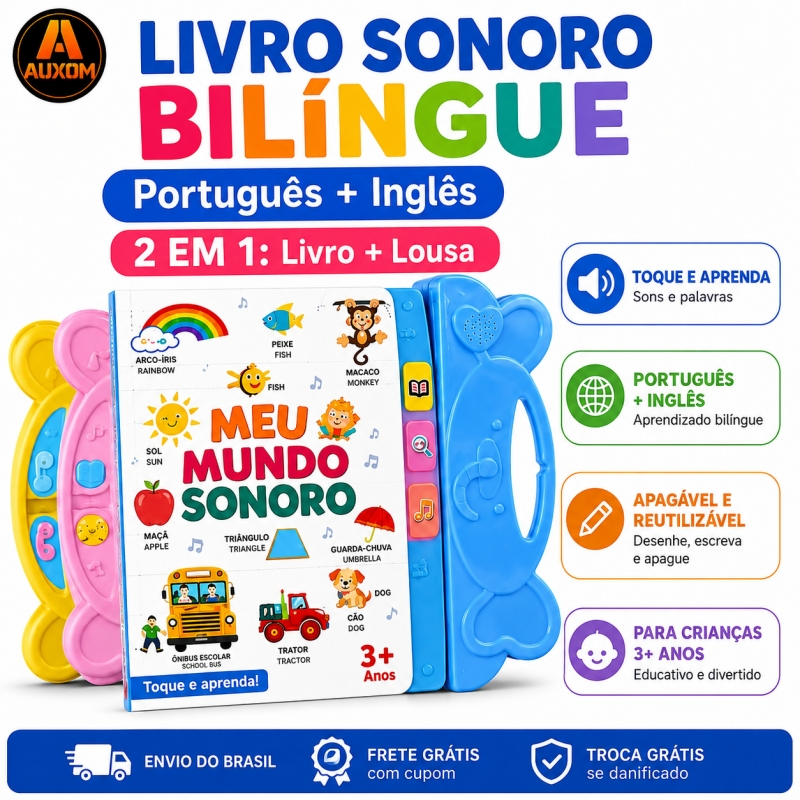 Livro Sonoro Infantil Interativo Bilíngue Português Inglês 2 em 1 com Lousa Mágica 3+ Anos