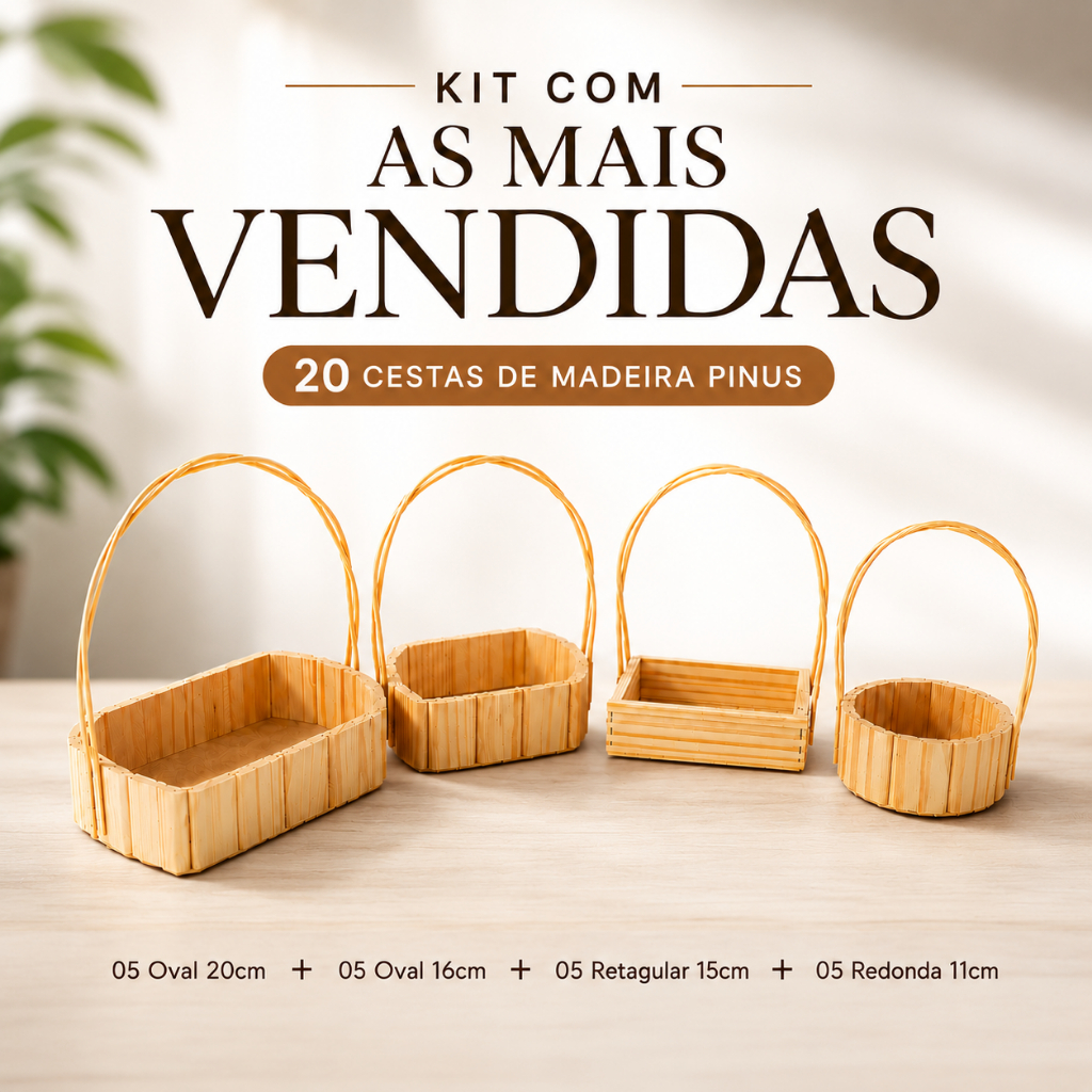 Kit 20 Cesta Madeira Pinus Com Alça Dupla Lembrancinha Presente Decoração 5 cada modelo