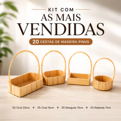 Kit 20 Cesta Madeira Pinus Com Alça Dupla Lembrancinha Presente Decoração 5 cada modelo