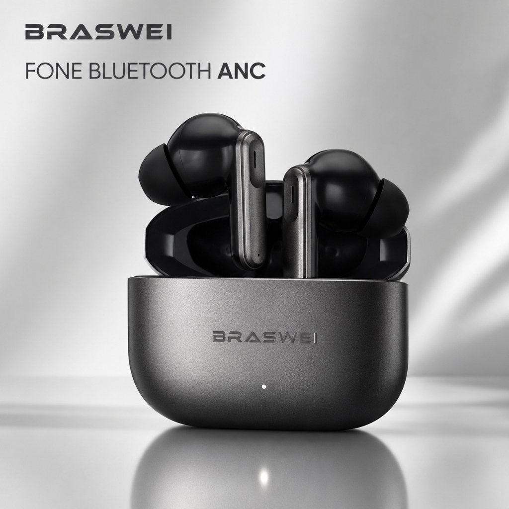 Fone de Ouvido Bluetooth 5.3 Sem Fio BRASWEI FN105 ANC Cancelamento de Ruído TWS USB-C Até 6H