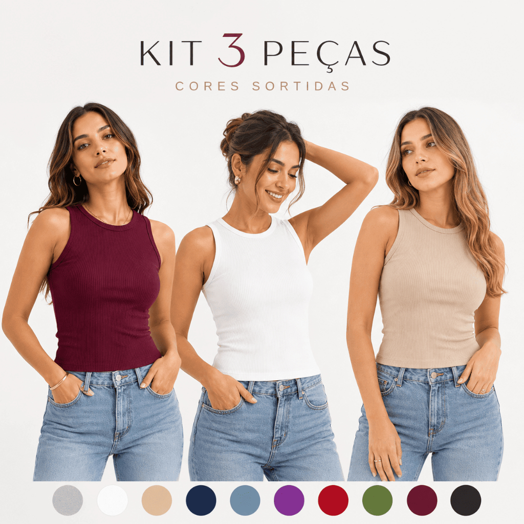KIT 3 REGATAS CANELADAS CORES SORTIDAS KIT VERÃO VÁRIAS CORES P AO GG ACABAMENTO PREMIUM