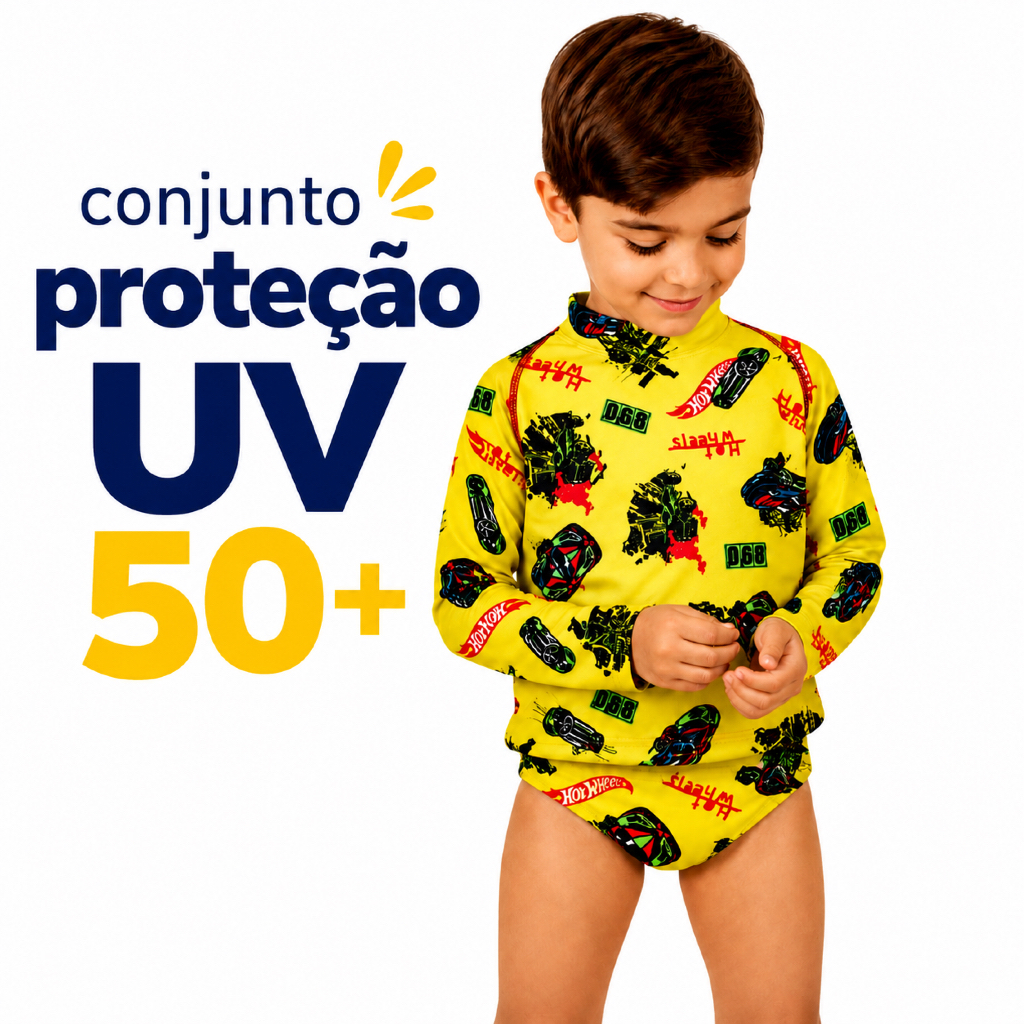 Conjunto Banho Blusa Proteção Solar UV 50+ e Sunga  Infantil Menino Natação Praia Piscina Verão fazer