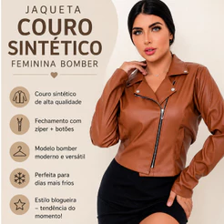 Jaqueta Couro Sintético Feminina com Zíper Inverno Casual Moderna