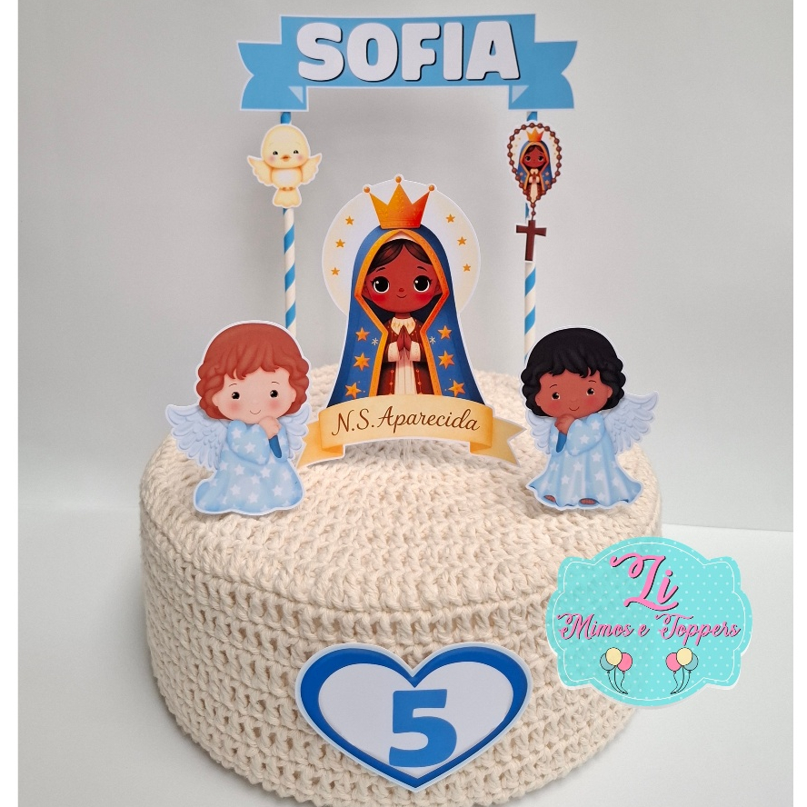 Topper Topo de Bolo Nossa Senhora Aparecida Personalizado - Mesversário Católico Religioso -Cristão Cristã- Aniversário