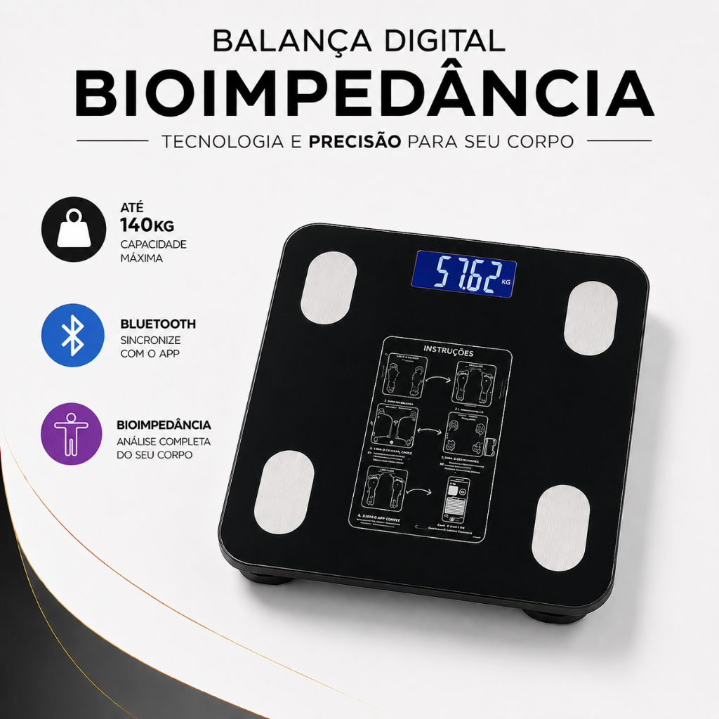 Balança Bioimpedancia Balanca  Digital Medidora Bluetooth Peso Corporal até 140kg Resultado Pelo Celular
