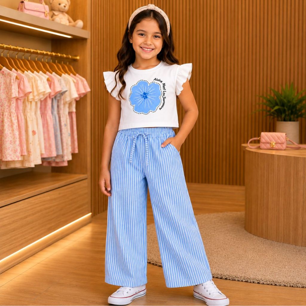 Conjunto Infantil Feminino Menina Blusa Babado e Calça Pantalona Listrada Verão Roupa de Menina Blogueirinha