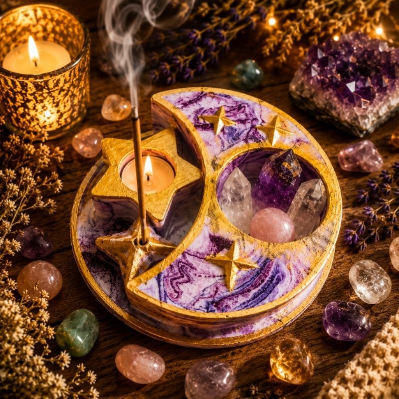 Imagem Incensário Altar Lunar Místico Porta Velas Porta Cristais e Pedras Decor Zen Esotérico Gesso Impermeabilizado