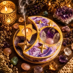 Incensário Altar Lunar Místico Porta Velas Porta Cristais e Pedras Decor Zen Esotérico Gesso Impermeabilizado