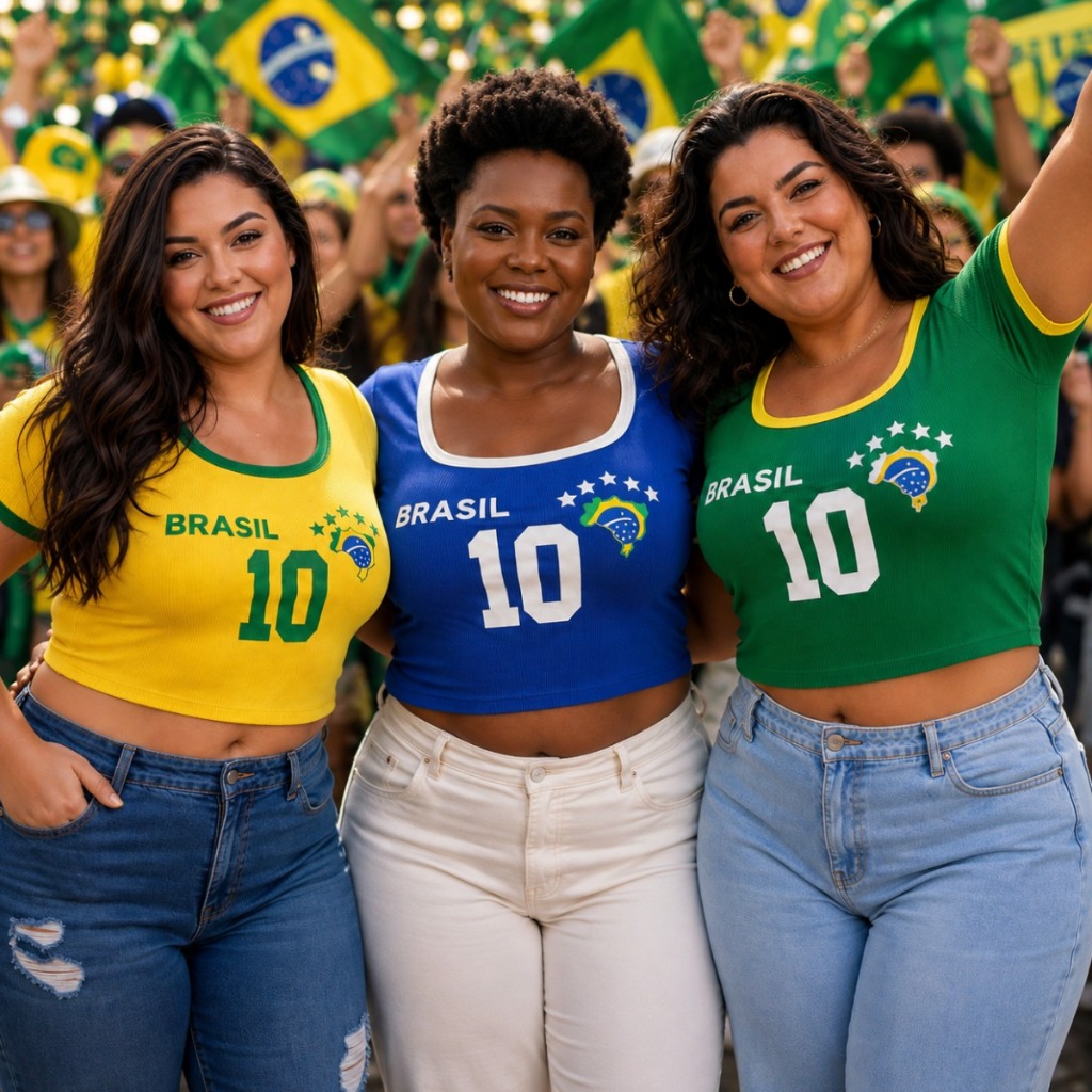Cropped Plus Size Brasil Feminino Canelado Tendência Gola Quadrada Moderno Conforto Versátil Torcida