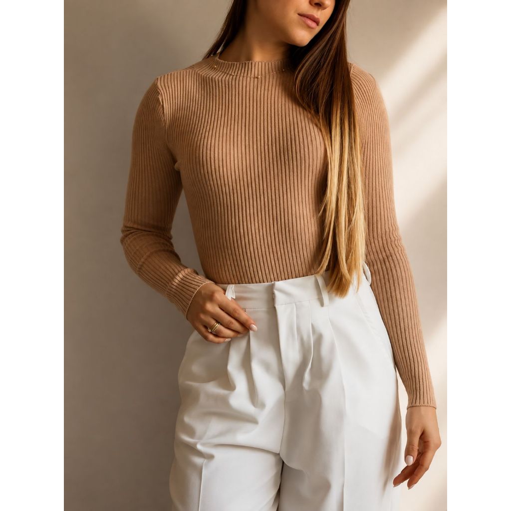 Blusa Tricô Modal Canelada Cacharrel Tricot Inverno Gola Alta