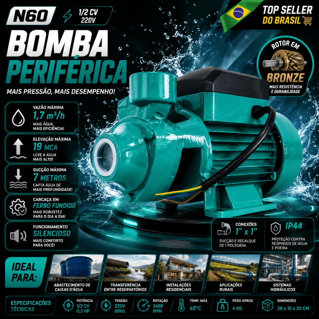 Bomba Periférica 1/2CV 220V 19MCA Água Sucção 7m Rotor Bronze 1 Pol N60 Pressurização