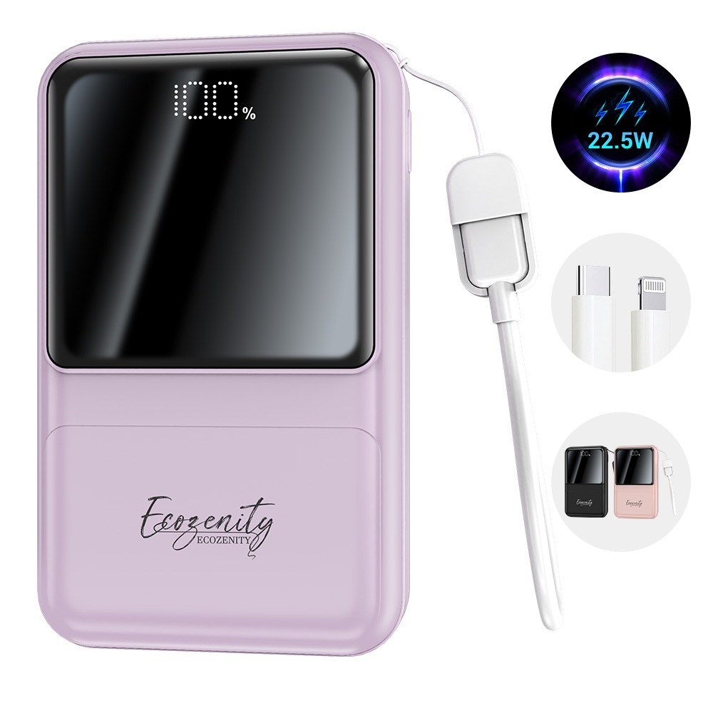 ECOZENITY powerbank 20000MAH 22.5W Carregamento rápido com dois tipos de cabos e tela LED