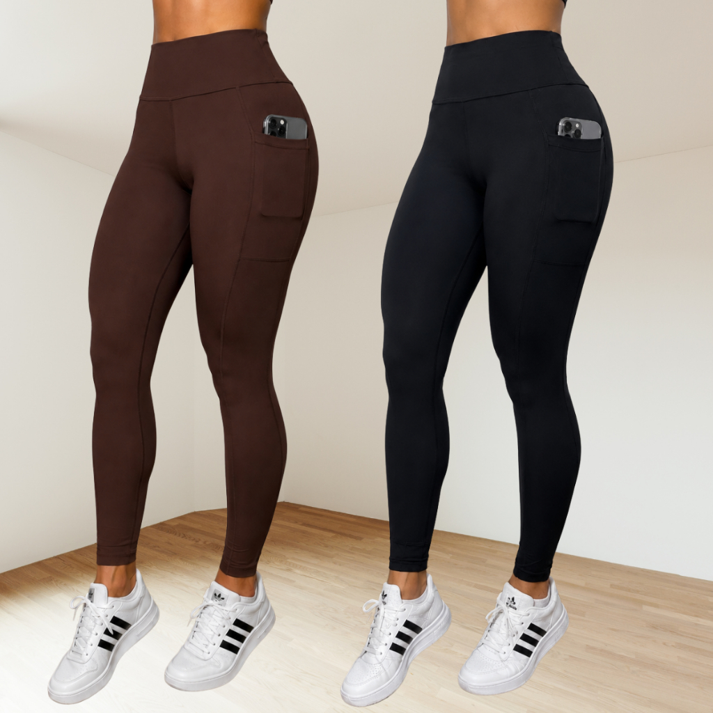 Kit 02 Calças Legging Feminino Suplex Bolso Lateral Cós Duplo Cintura Alta Academia Fitness Crossfit