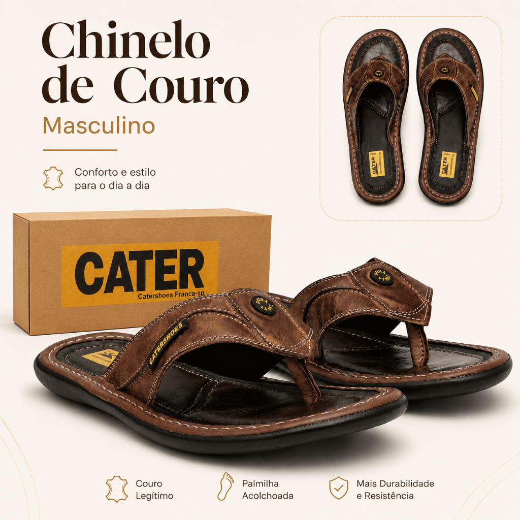 Chinelo Masculino em Couro Legítimo Cater Sola Borracha Antiderrapante Confortável Pinhão 37 ao 44