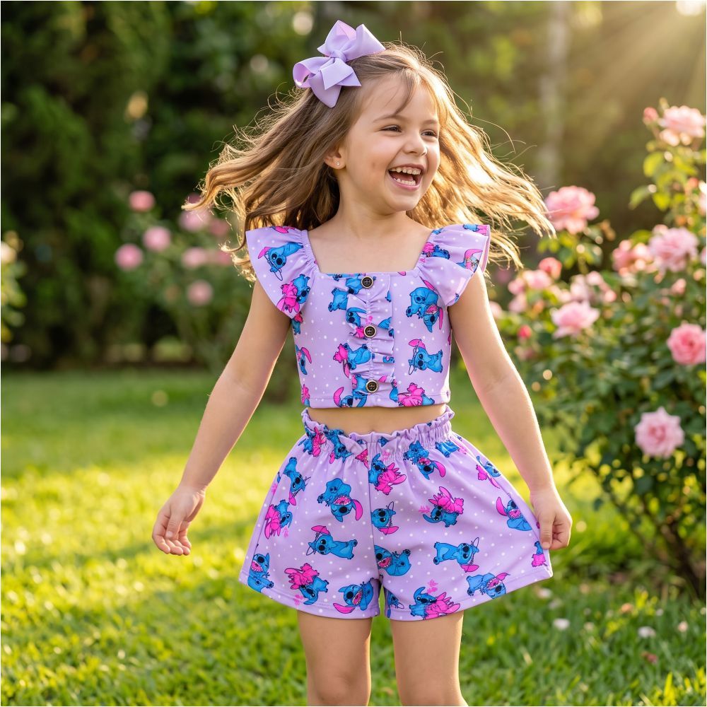 Conjunto verão infantil menina Camiseta e Short Premium Estampado 2 a 10 anos