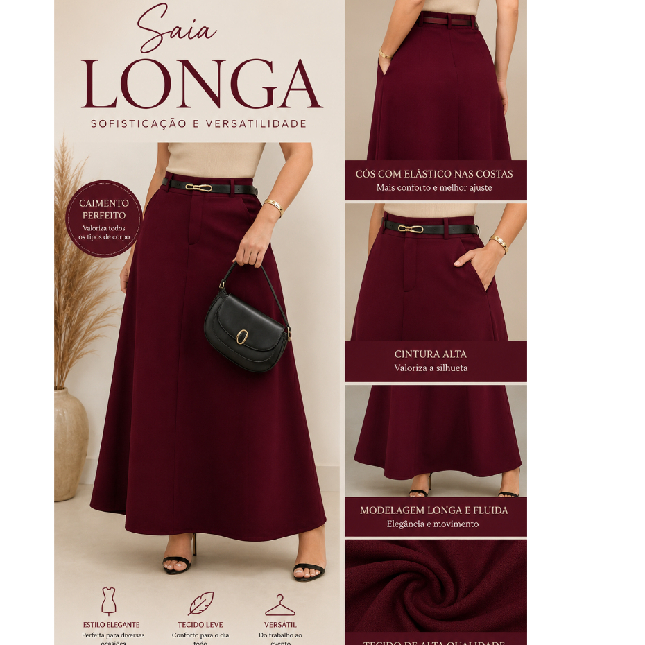 SAIA ALFAIATARIA FEMININA LONGA CINTURA ALTA ELEGANTE COM BOLSO E ZIPER NA LATERAL