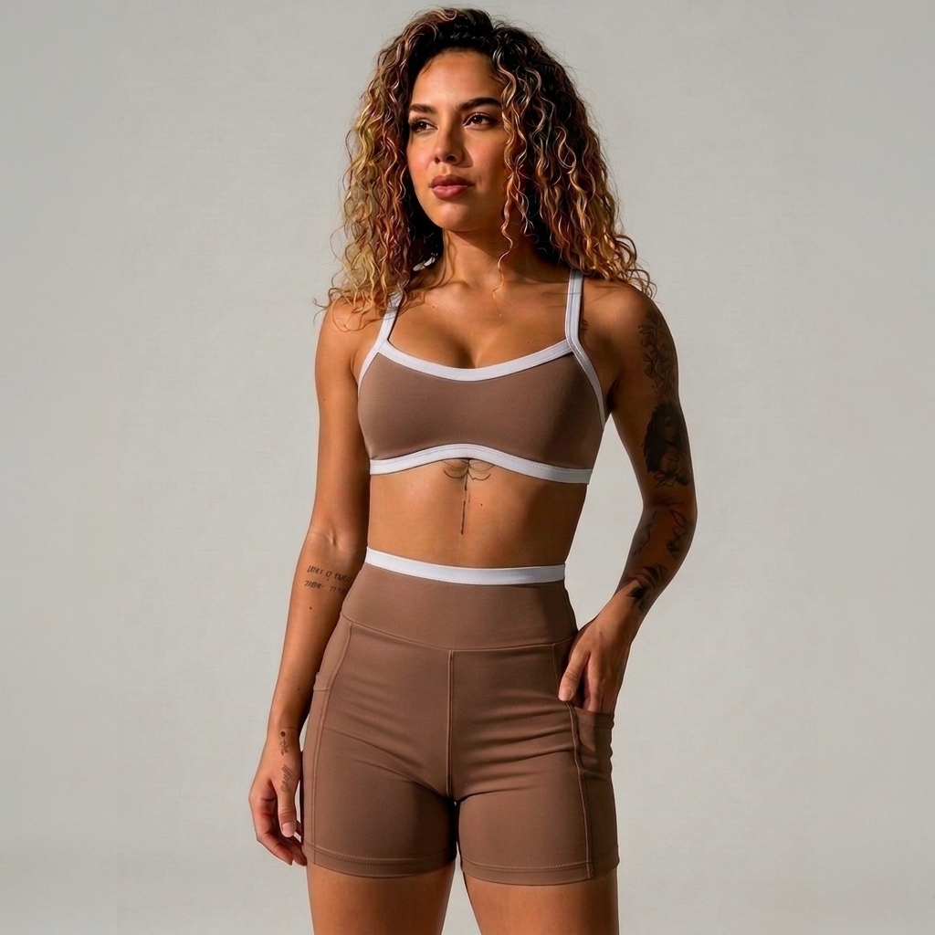 Conjunto Fitness Poliamida Premium Top Biquini e Shorts com Bolso Cós Alto Sem Transparência